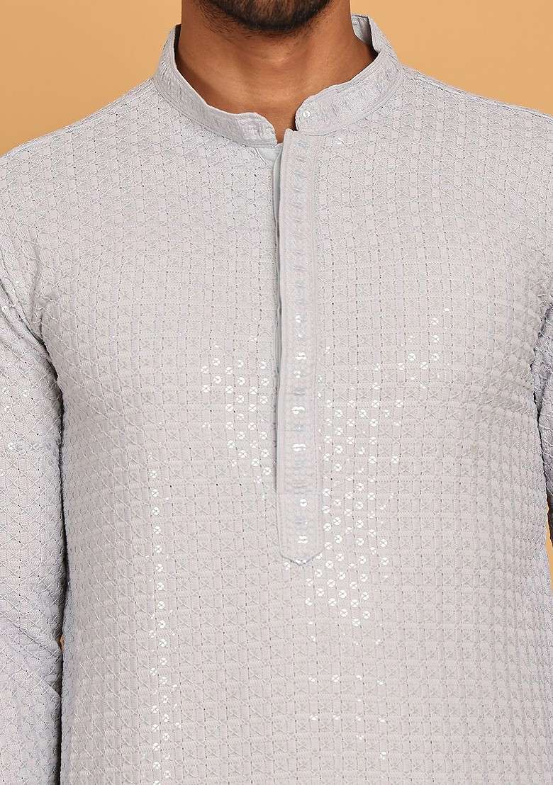 Grey Embroidered Poly Blend Kurta For Men - Indya