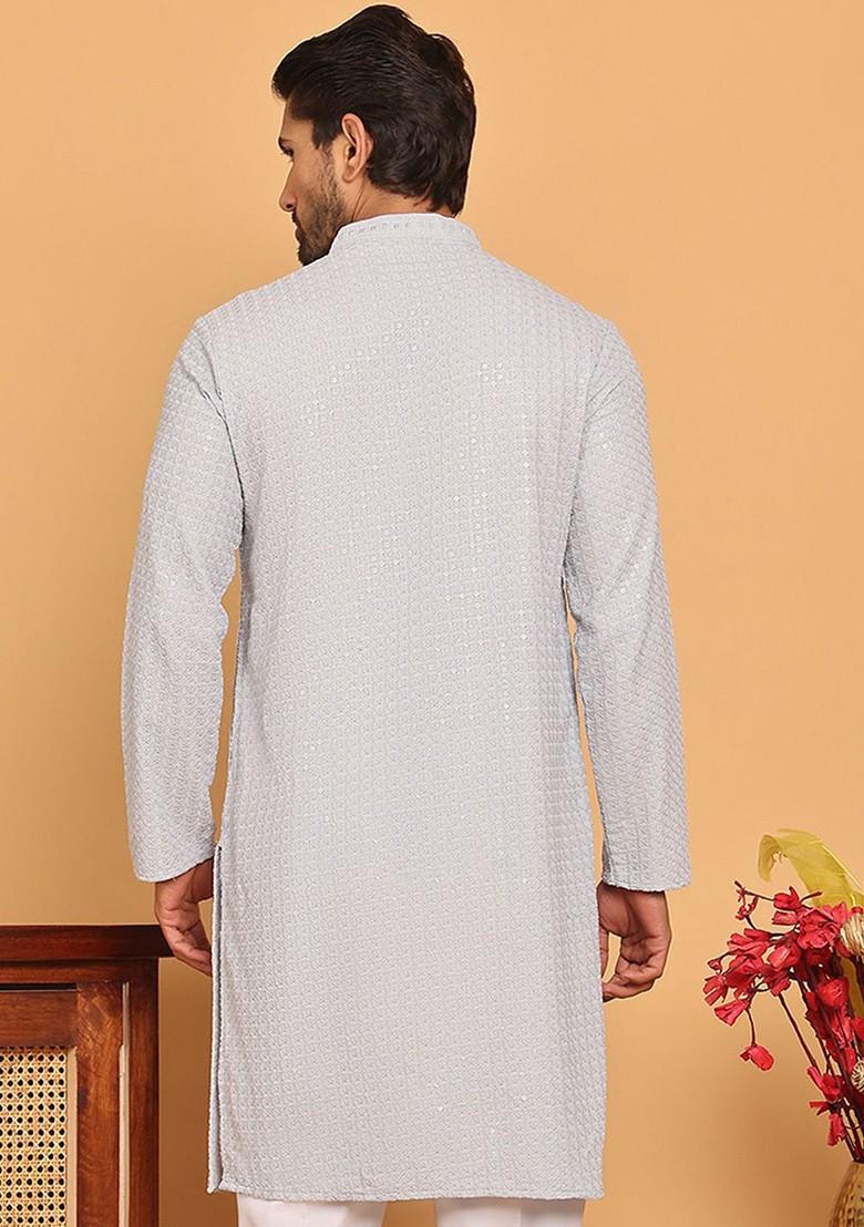 Grey Embroidered Poly Blend Kurta For Men