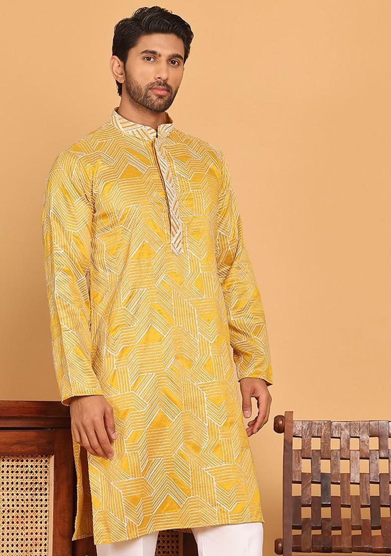 Mustard Yellow Embroidered Poly Blend Kurta For Men