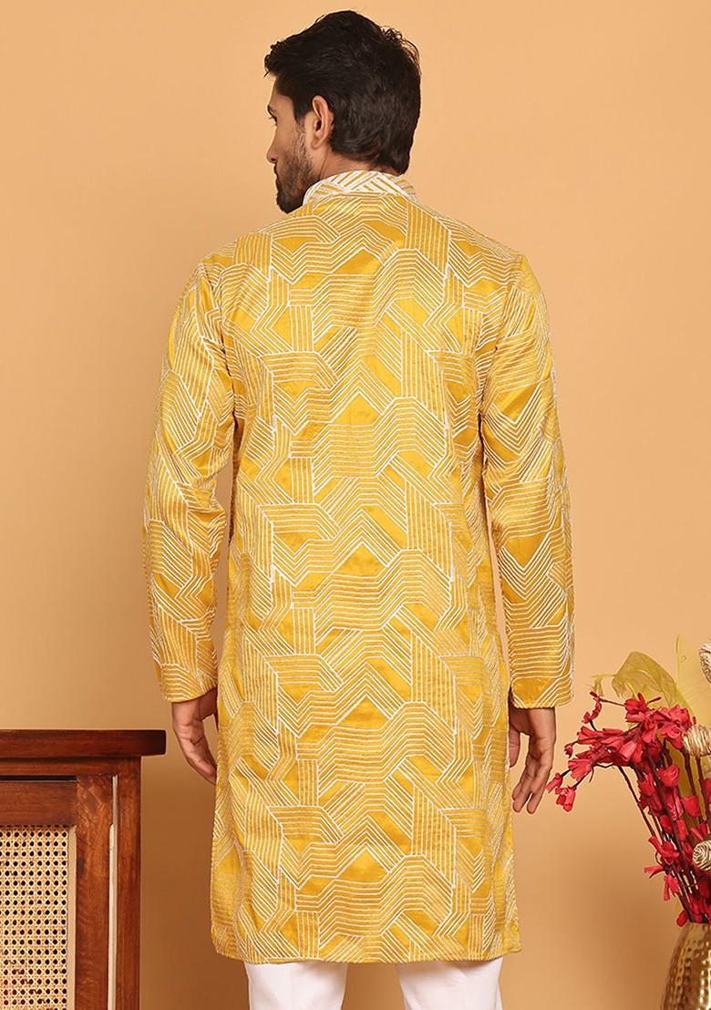 Mustard Yellow Embroidered Poly Blend Kurta For Men