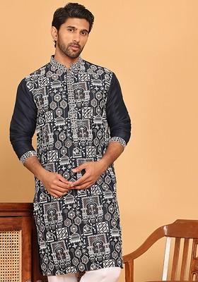 Navy Blue Embroidered Poly Blend Kurta For Men