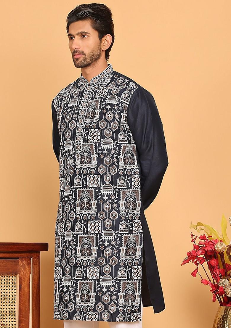 Navy Blue Embroidered Poly Blend Kurta For Men