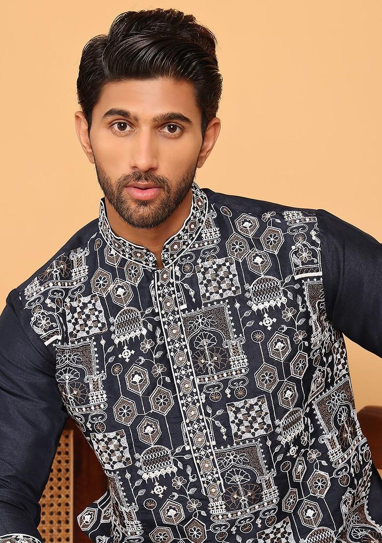 Navy Blue Embroidered Poly Blend Kurta For Men