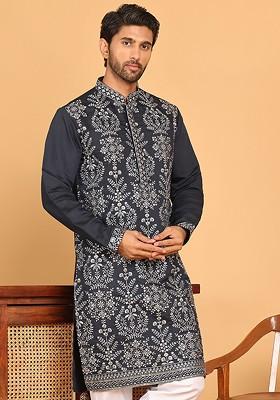 Navy Blue Embroidered Poly Blend Kurta For Men