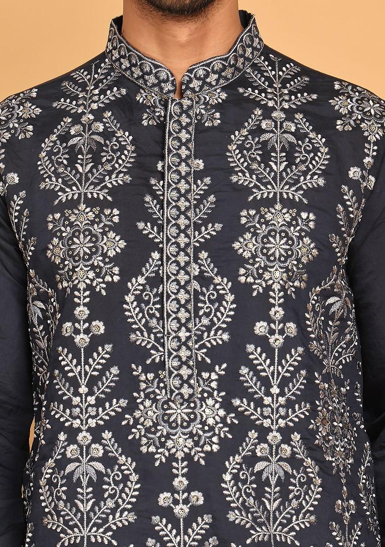Navy Blue Embroidered Poly Blend Kurta For Men