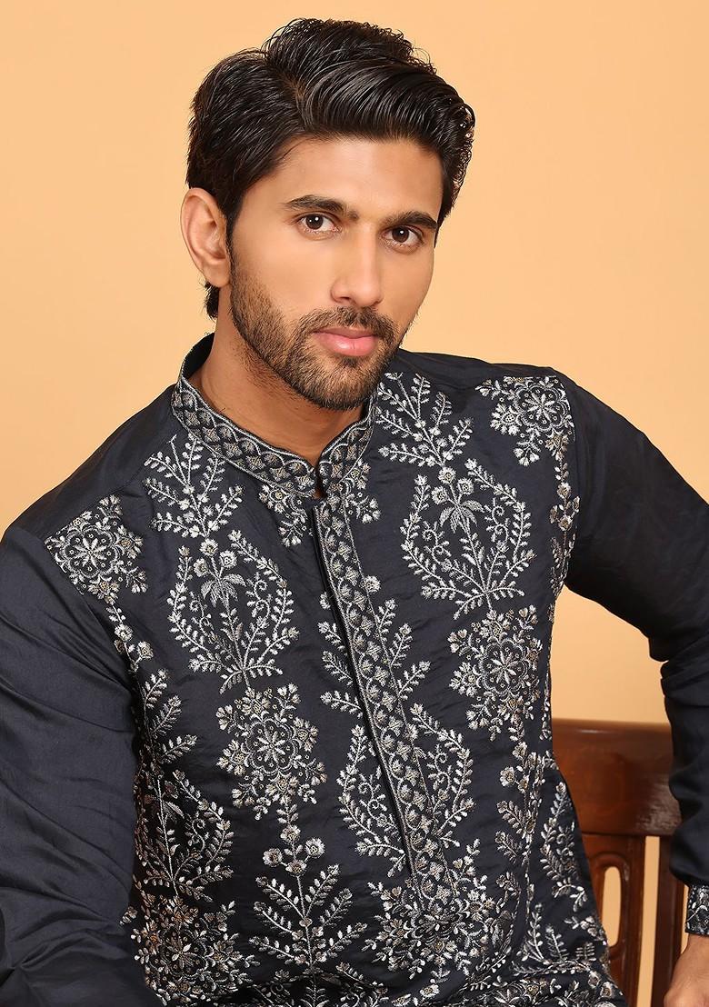 Navy Blue Embroidered Poly Blend Kurta For Men