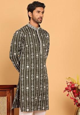 Olive Embroidered Poly Blend Kurta For Men