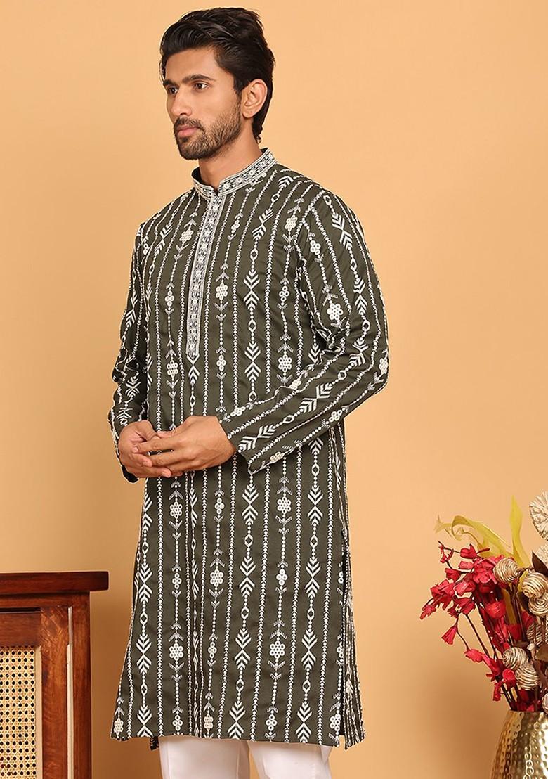 Olive Embroidered Poly Blend Kurta For Men