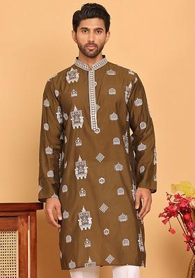 Brown Embroidered Poly Blend Kurta For Men