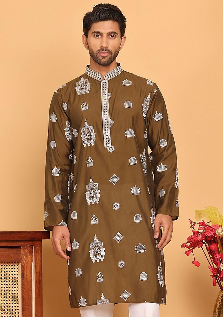 Brown Embroidered Poly Blend Kurta For Men