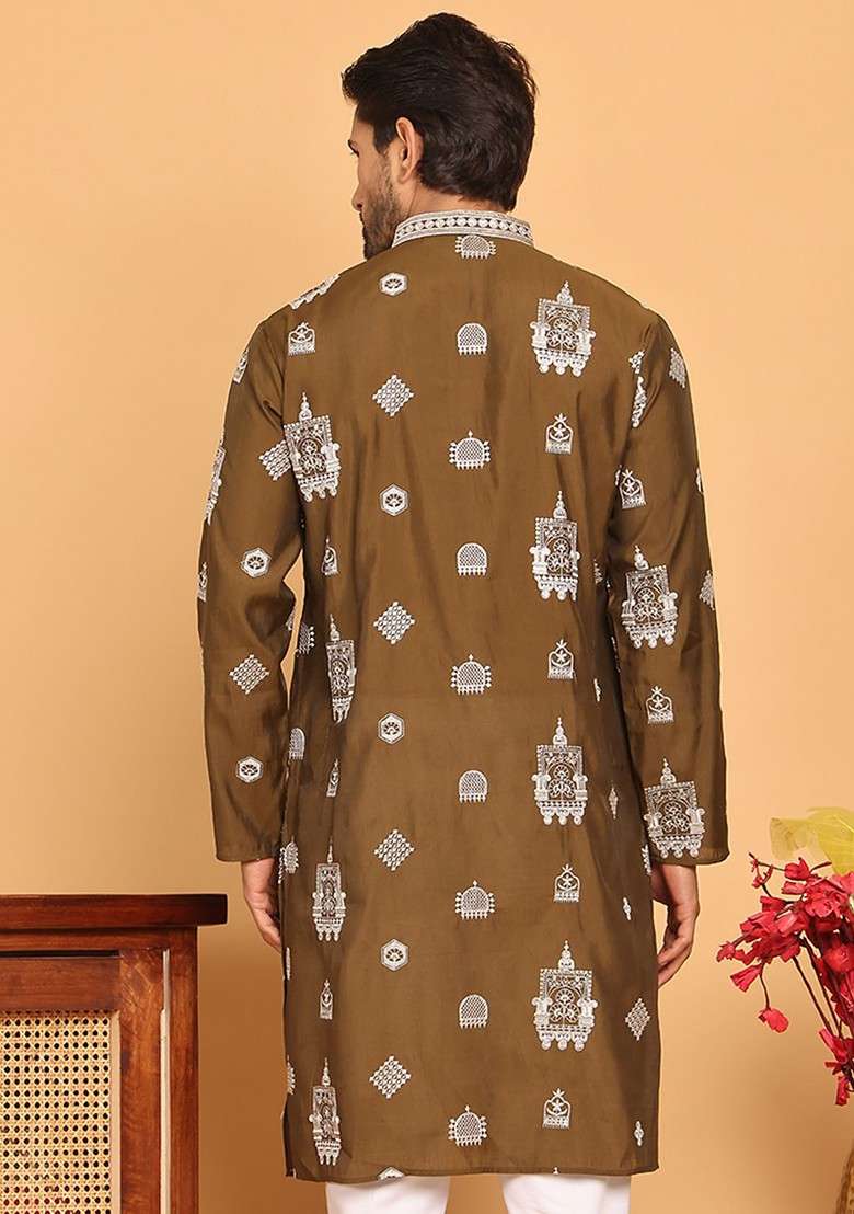 Brown Embroidered Poly Blend Kurta For Men - Indya