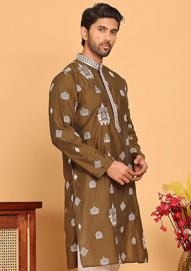 Brown Embroidered Poly Blend Kurta For Men