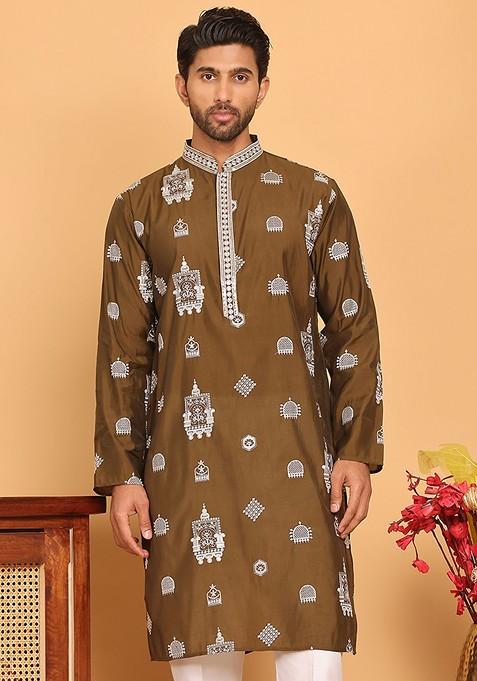 Brown Embroidered Poly Blend Kurta For Men — view on Indya