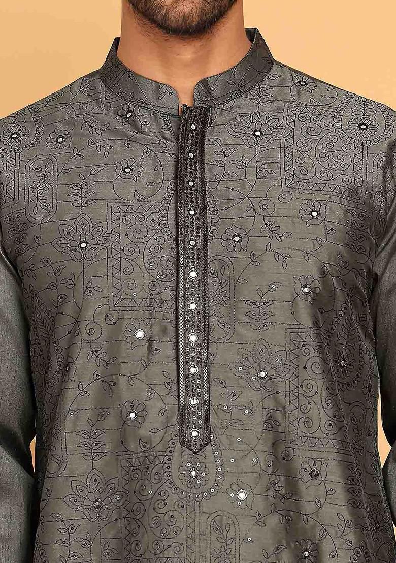 Grey Embroidered Poly Blend Kurta For Men