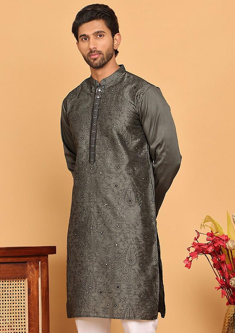 Grey Embroidered Poly Blend Kurta For Men