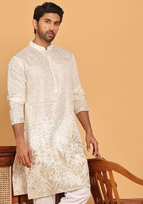 Off White Embroidered Poly Blend Kurta For Men