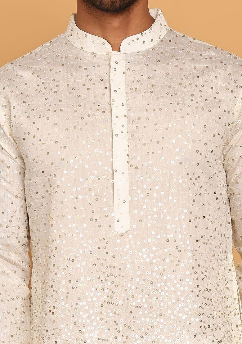 Off White Embroidered Poly Blend Kurta For Men