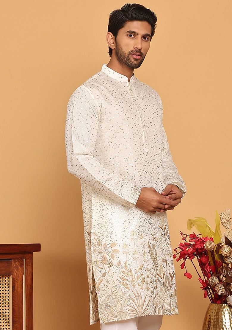 Off White Embroidered Poly Blend Kurta For Men