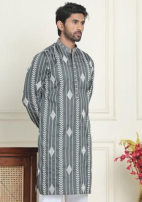 Grey Embroidered Poly Blend Kurta For Men