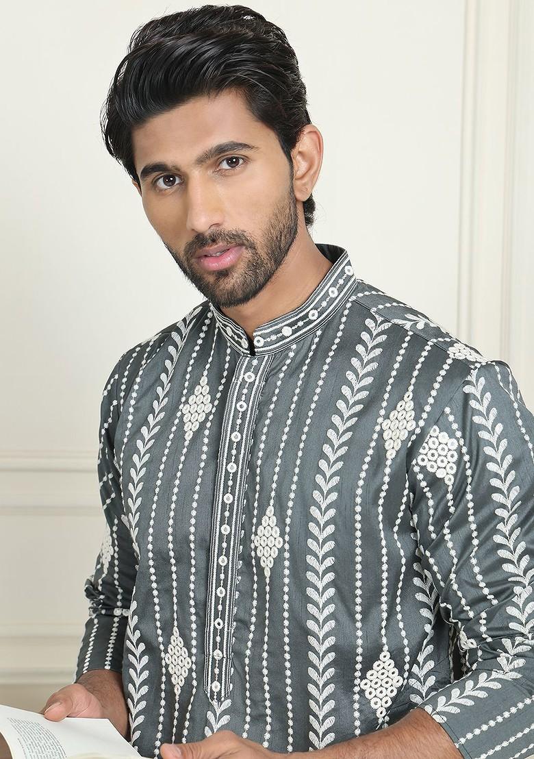 Grey Embroidered Poly Blend Kurta For Men