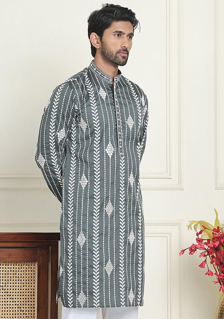 Grey Embroidered Poly Blend Kurta For Men