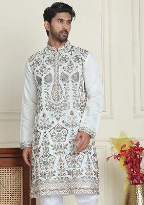 White Embroidered Poly Blend Kurta For Men