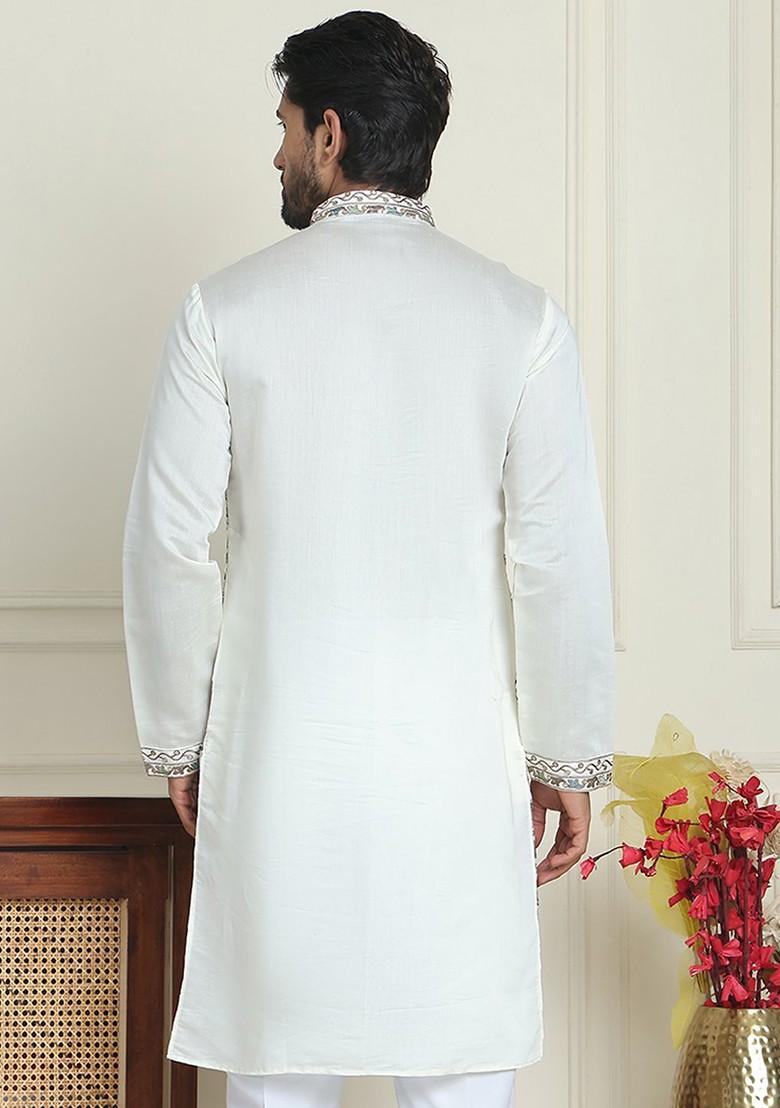 White Embroidered Poly Blend Kurta For Men