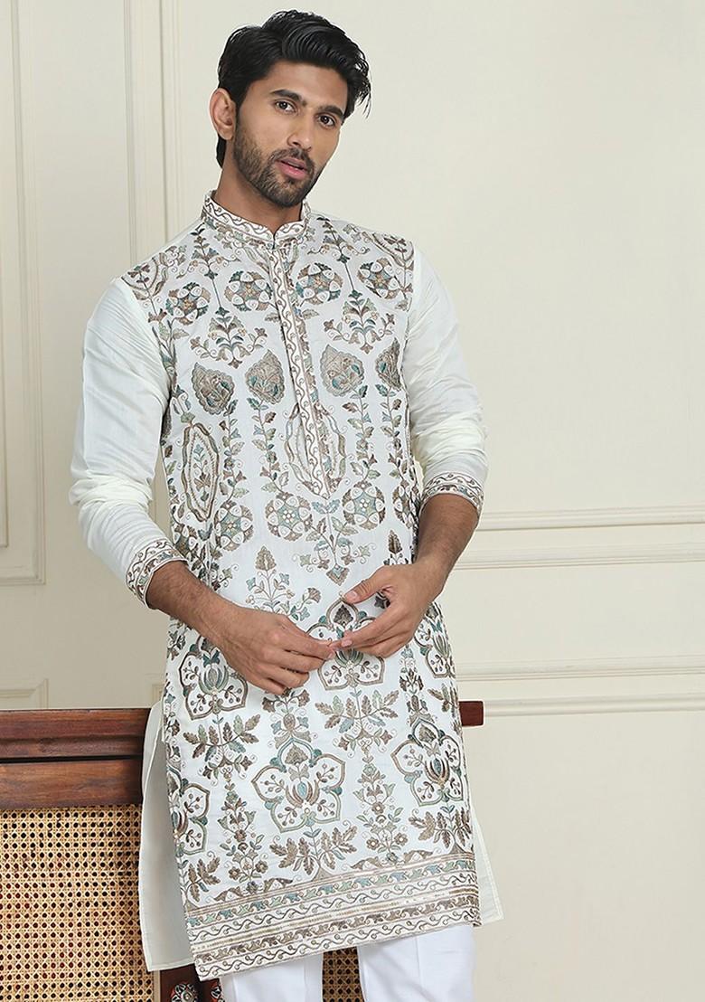 White Embroidered Poly Blend Kurta For Men