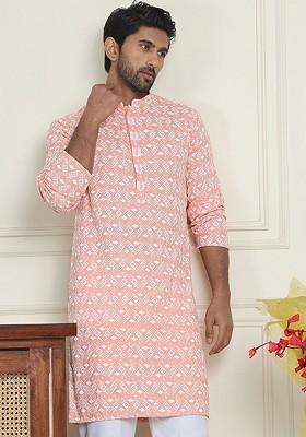 Peach Embroidered Poly Blend Kurta For Men