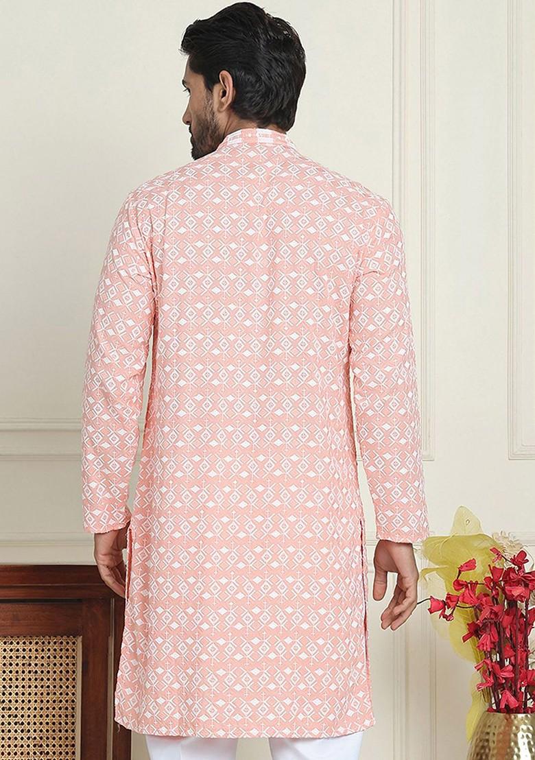 Peach Embroidered Poly Blend Kurta For Men
