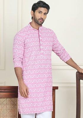 Pink Embroidered Poly Blend Kurta For Men