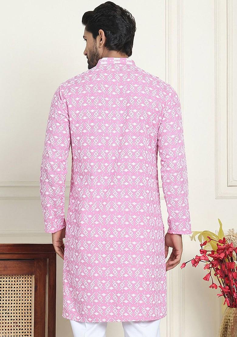 Pink Embroidered Poly Blend Kurta For Men