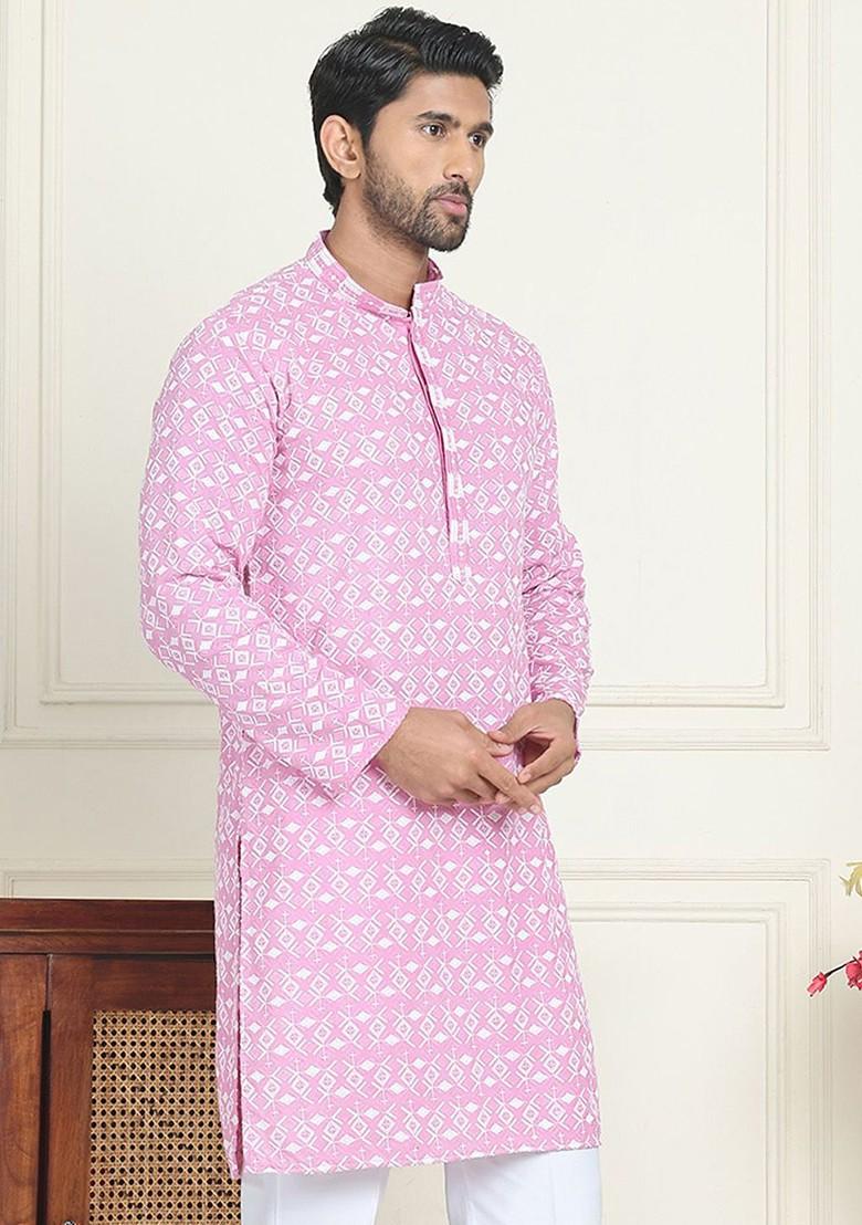 Pink Embroidered Poly Blend Kurta For Men