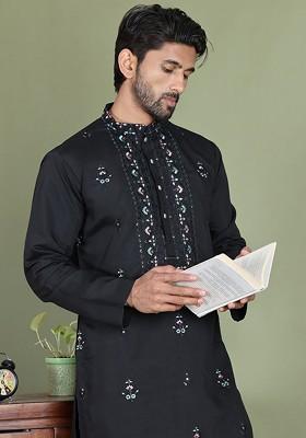 Black Printed Poly Blend Kurta For Men