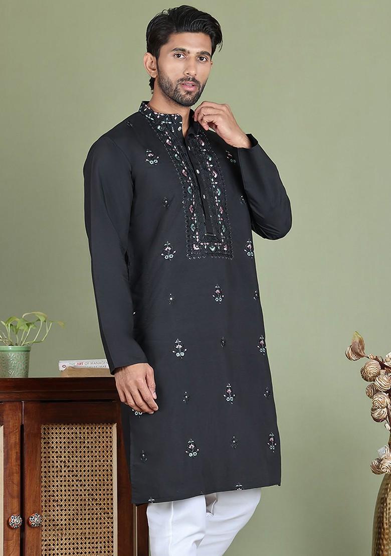 Black Printed Poly Blend Kurta For Men