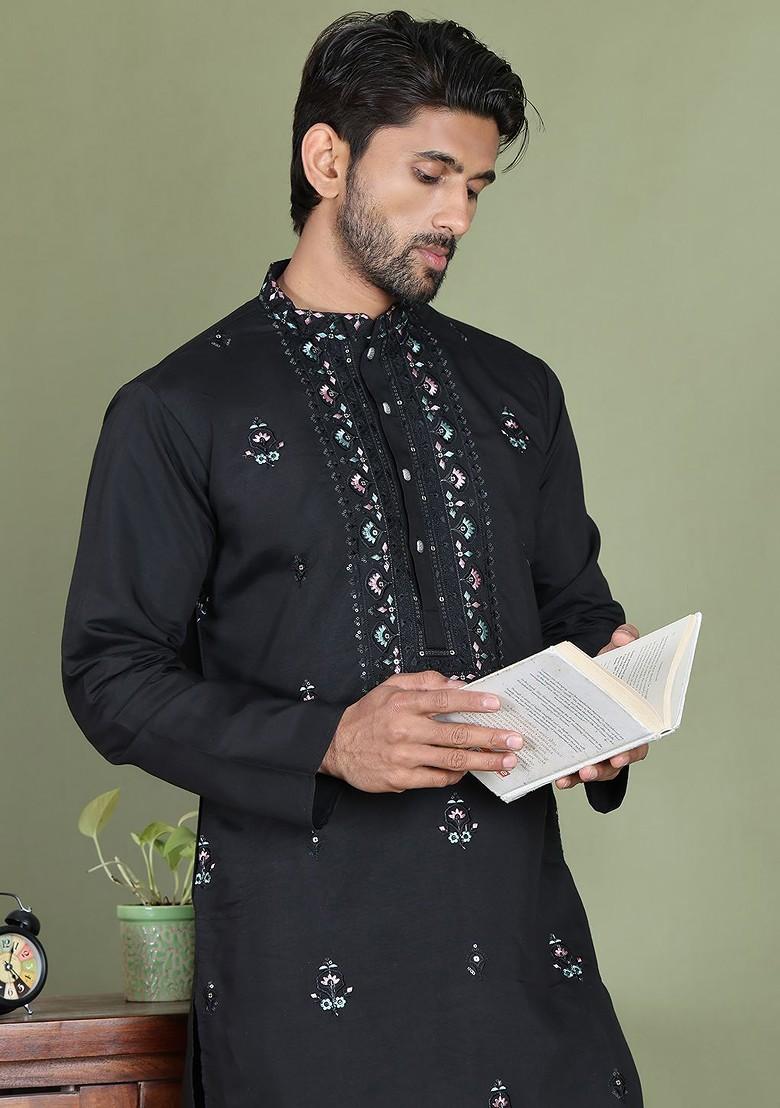 Black Printed Poly Blend Kurta For Men