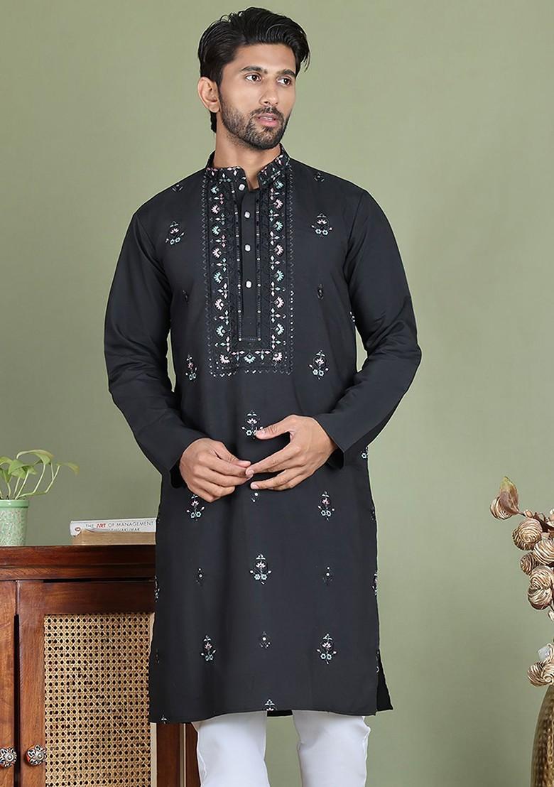 Black Printed Poly Blend Kurta For Men