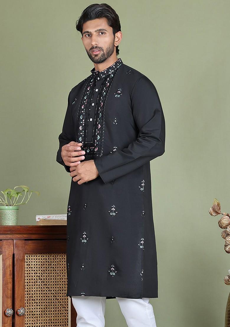 Black Printed Poly Blend Kurta For Men