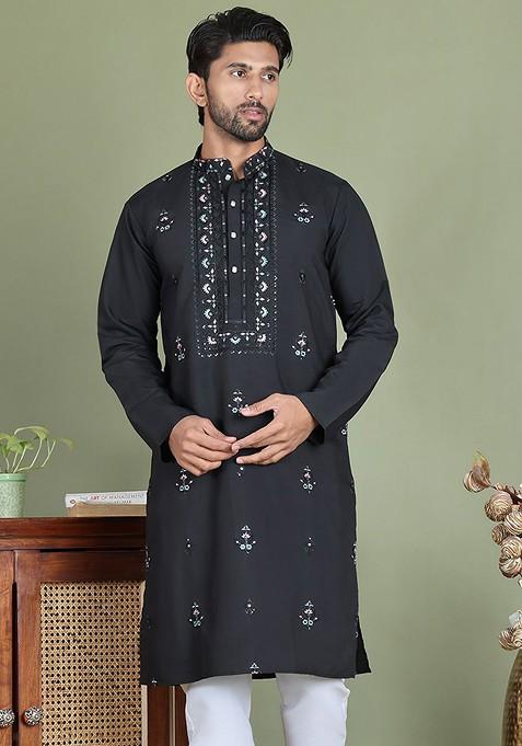 Black Printed Poly Blend Kurta For Men
