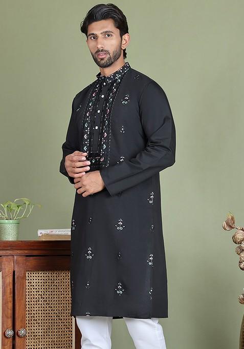 Black Printed Poly Blend Kurta For Men