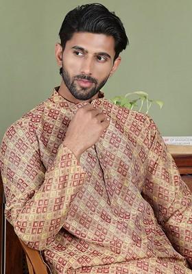 Beige Embroidered Poly Blend Kurta For Men