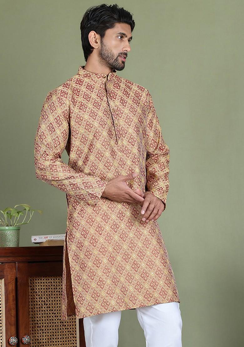 Beige Embroidered Poly Blend Kurta For Men