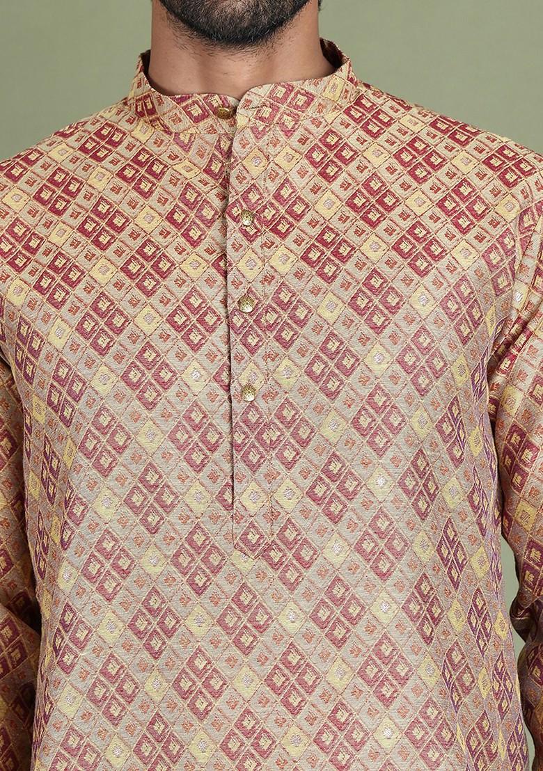 Beige Embroidered Poly Blend Kurta For Men