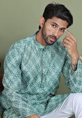 Blue Embroidered Poly Blend Kurta For Men