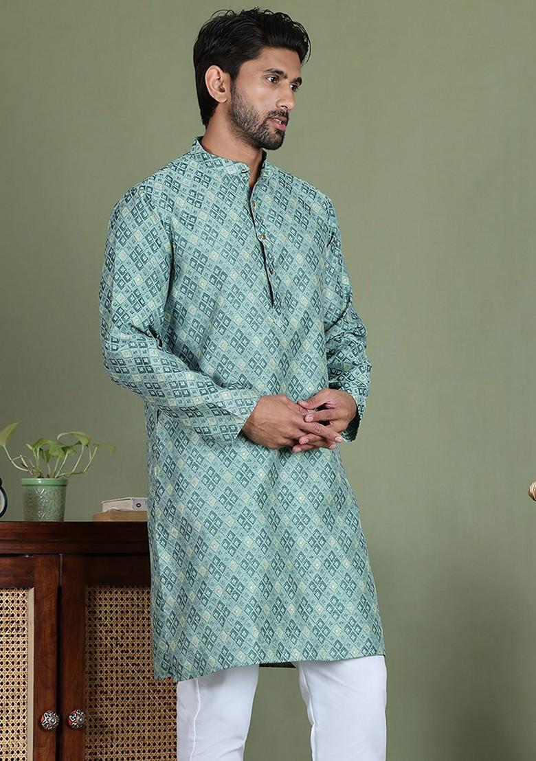 Blue Embroidered Poly Blend Kurta For Men