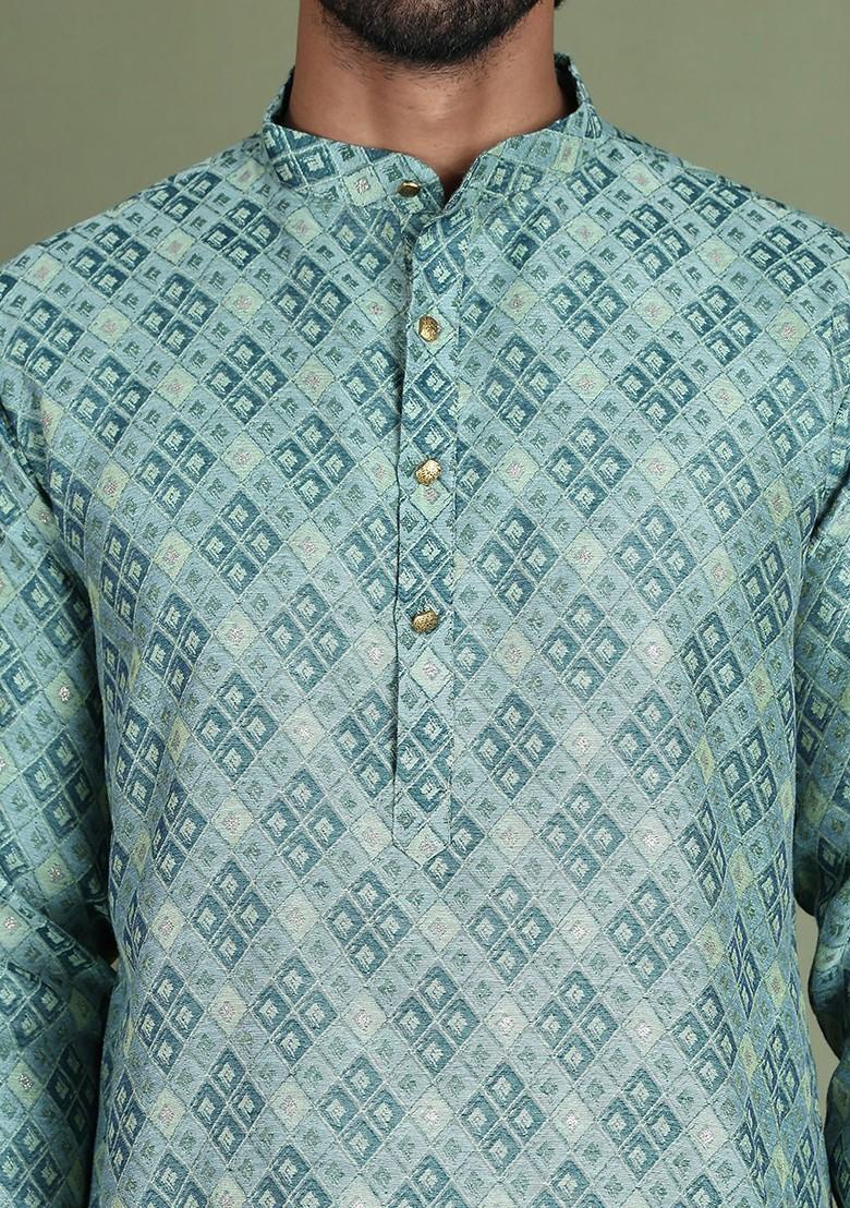 Blue Embroidered Poly Blend Kurta For Men