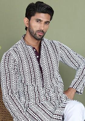 Purple Embroidered Poly Blend Kurta For Men