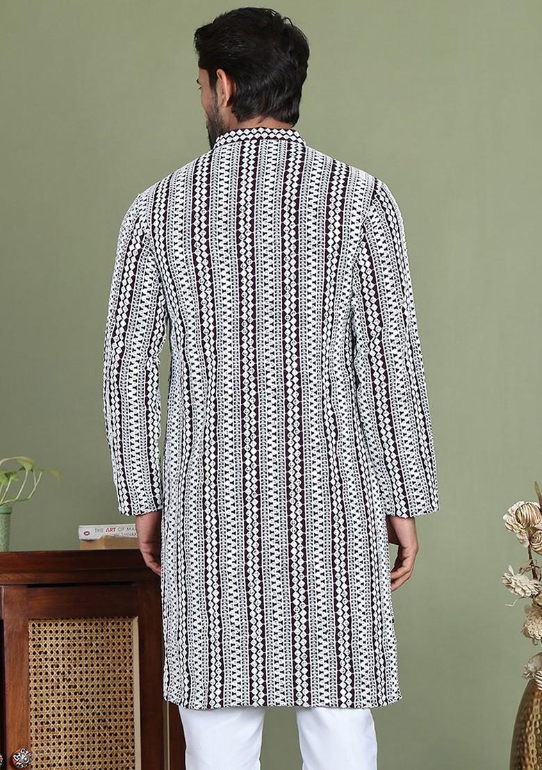 Purple Embroidered Poly Blend Kurta For Men