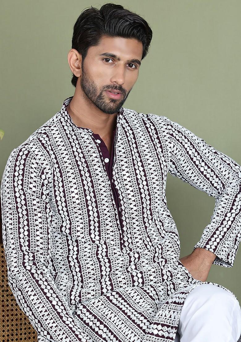 Purple Embroidered Poly Blend Kurta For Men