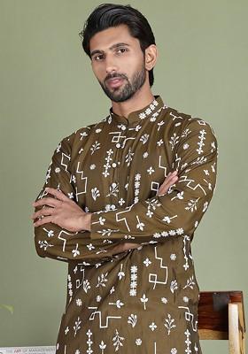 Green Embroidered Poly Blend Kurta For Men